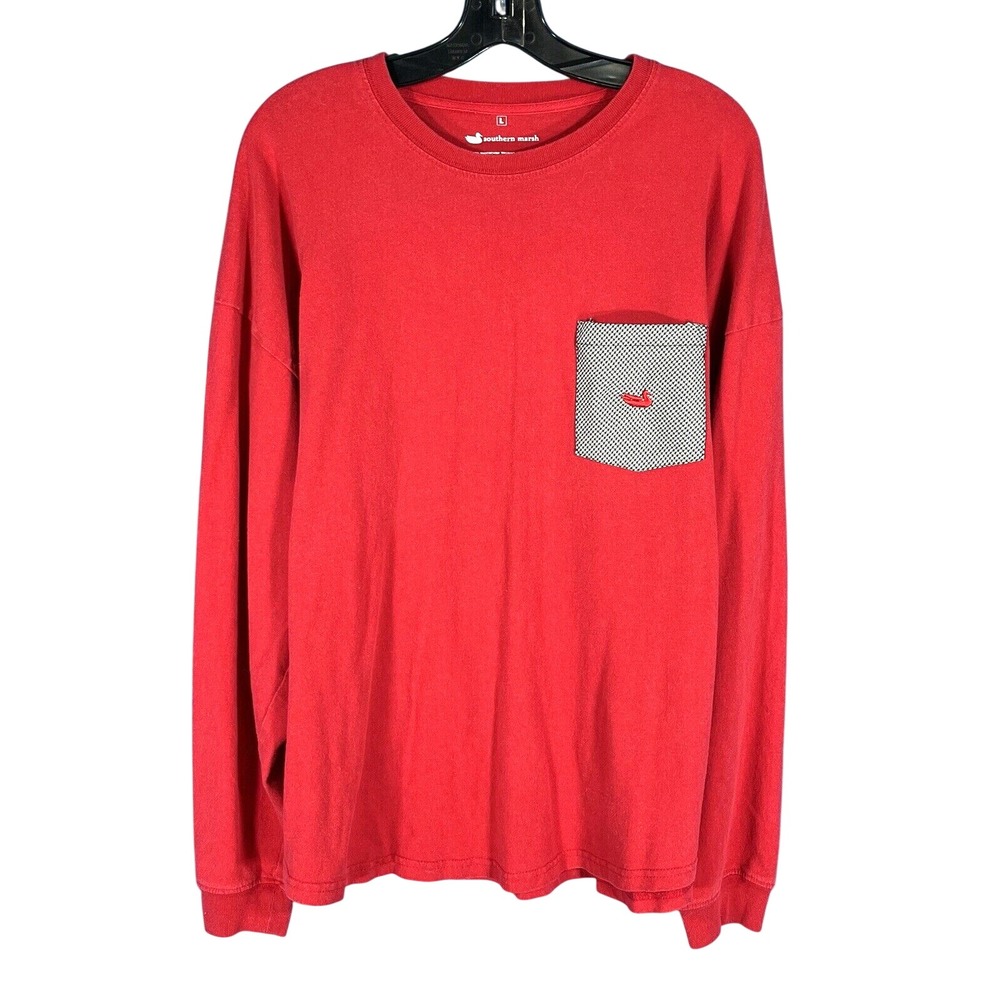 SOUTHERN MARSH Red T-SHIRT Black/White Houndstooth Logo & Pocket UNISEX Sz L